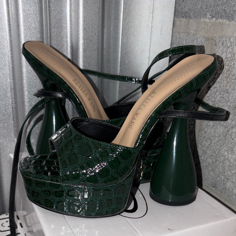 Azalea Wang Dark Green Croc-Embossed Heels